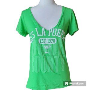 Lime Green Marguerita Graphic Deep V Tee J.J.'s La Puerta Womens Size M New